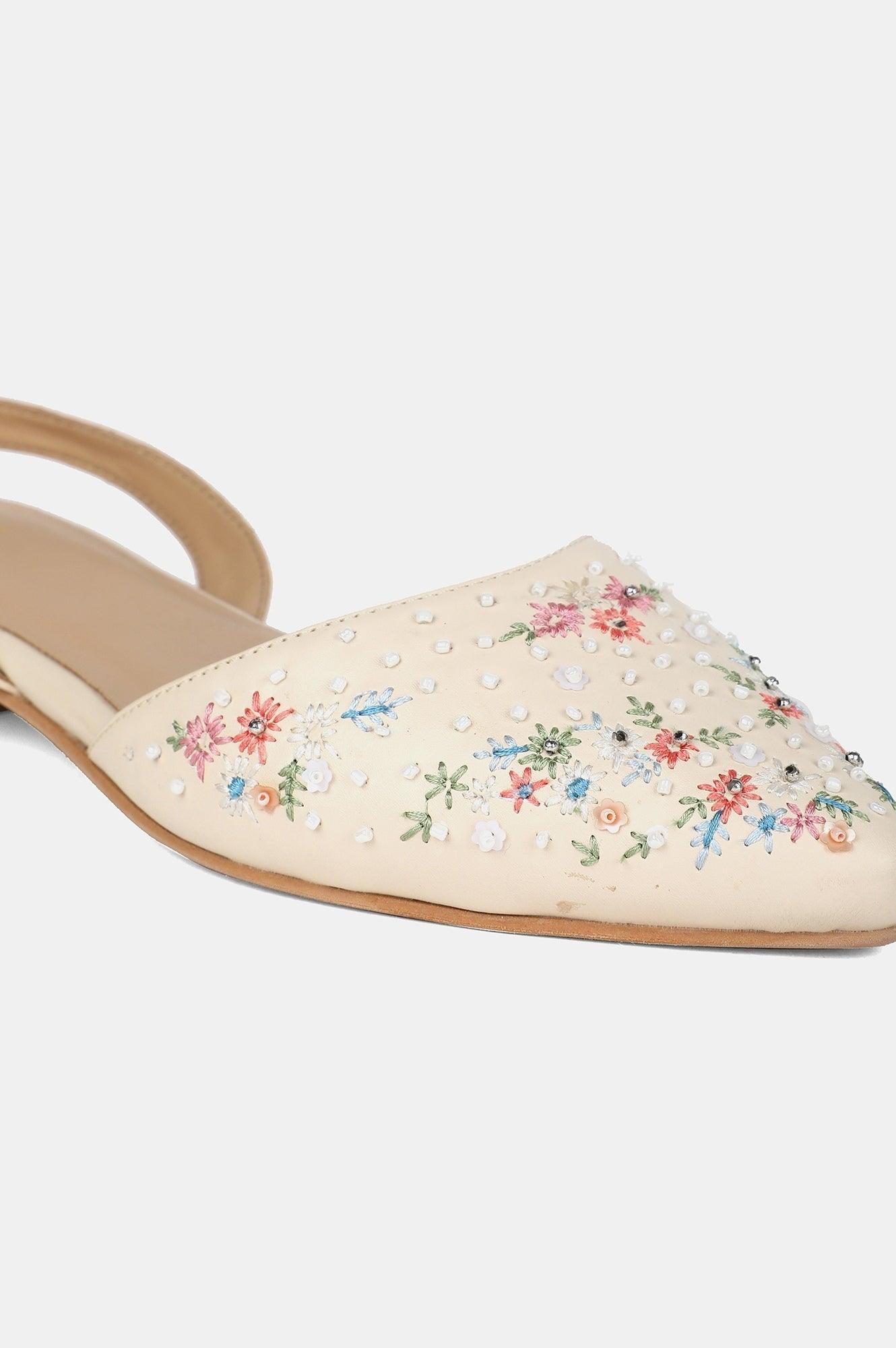 Off-white Pointed Toe Embroidered Flat - wforwoman