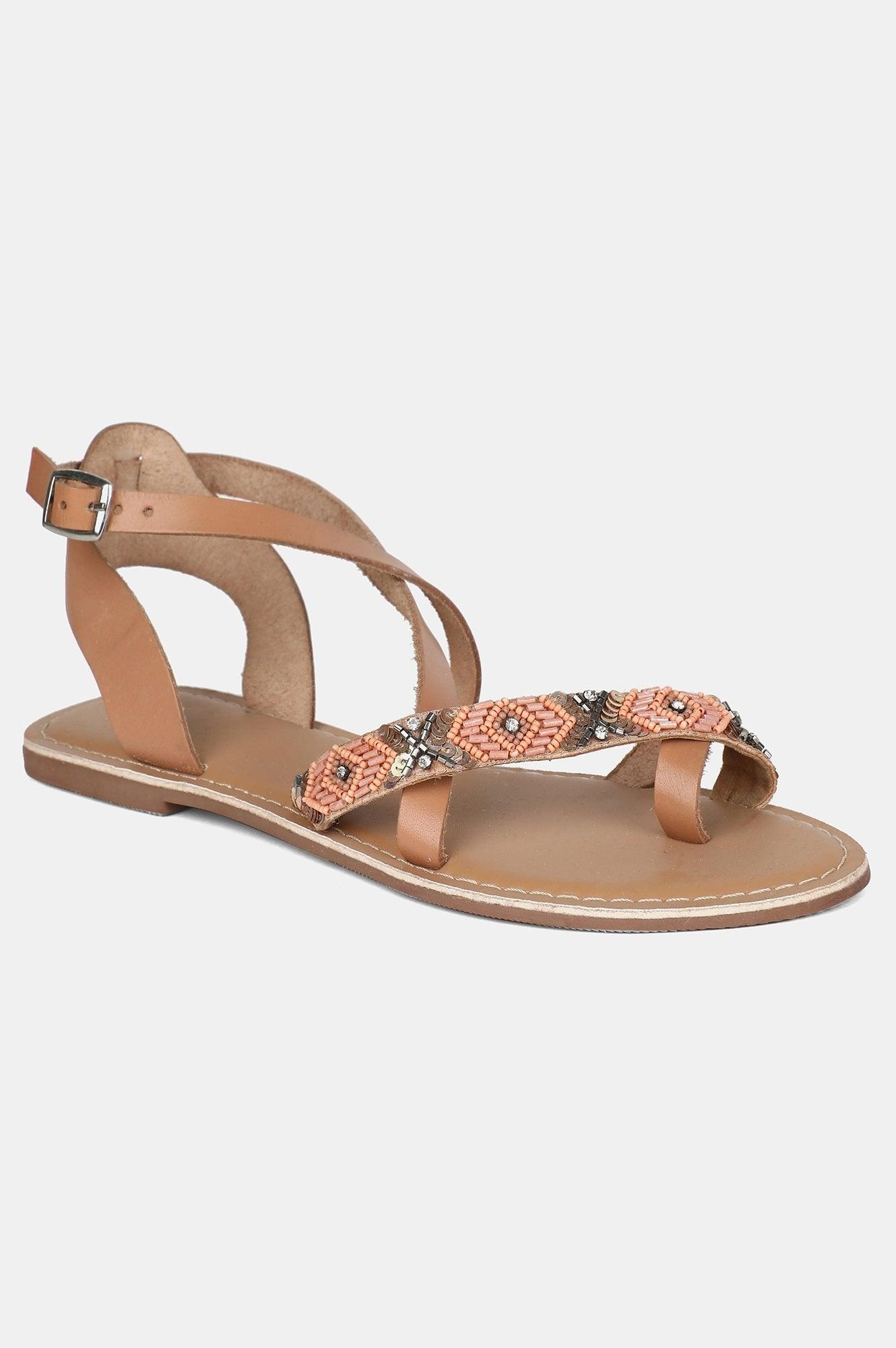 Peach Almond Toe Embroidered Flat - wforwoman