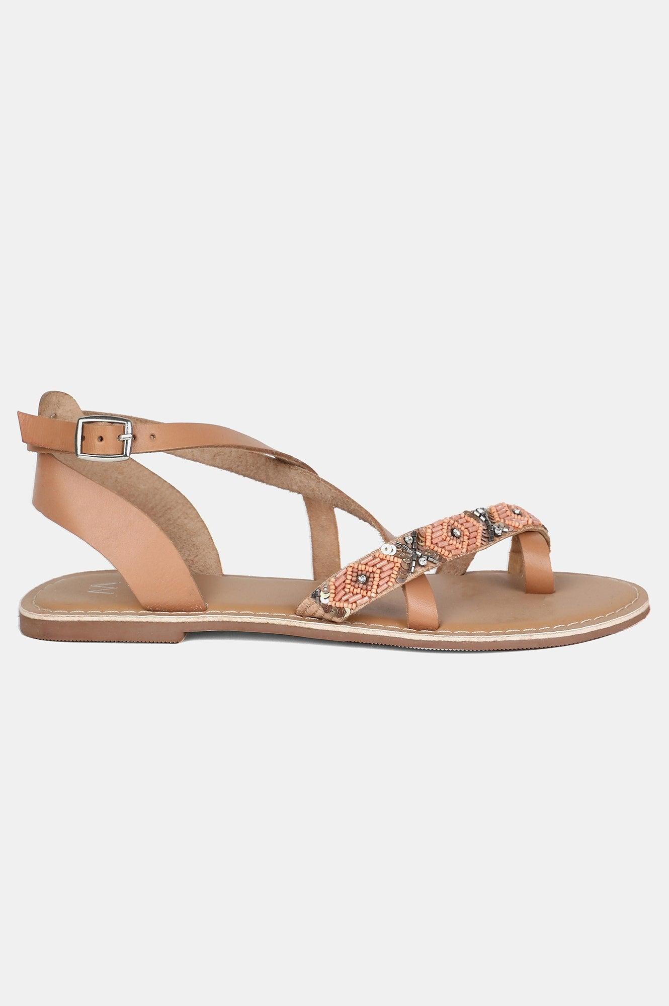 Peach Almond Toe Embroidered Flat - wforwoman