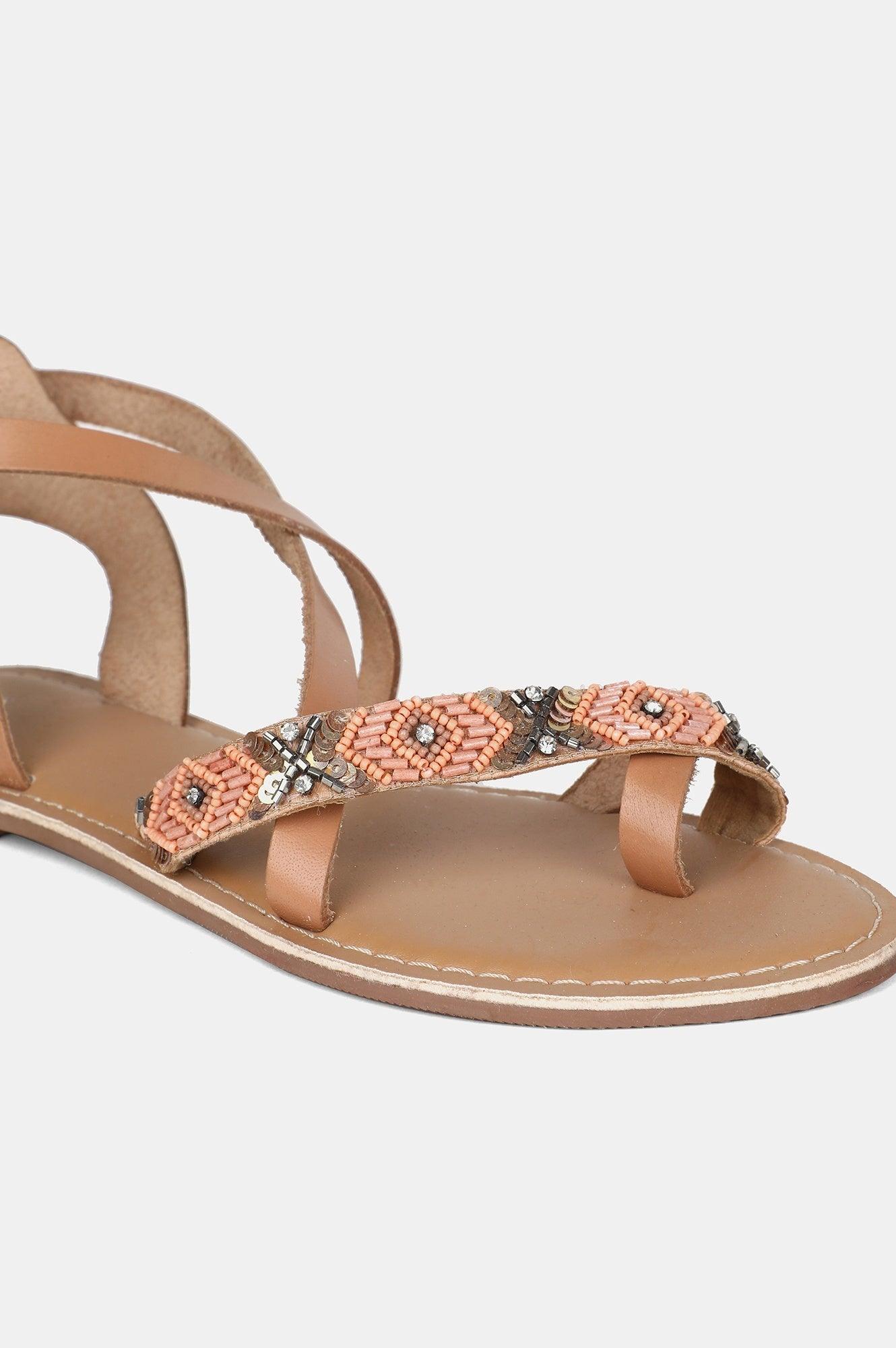 Peach Almond Toe Embroidered Flat - wforwoman