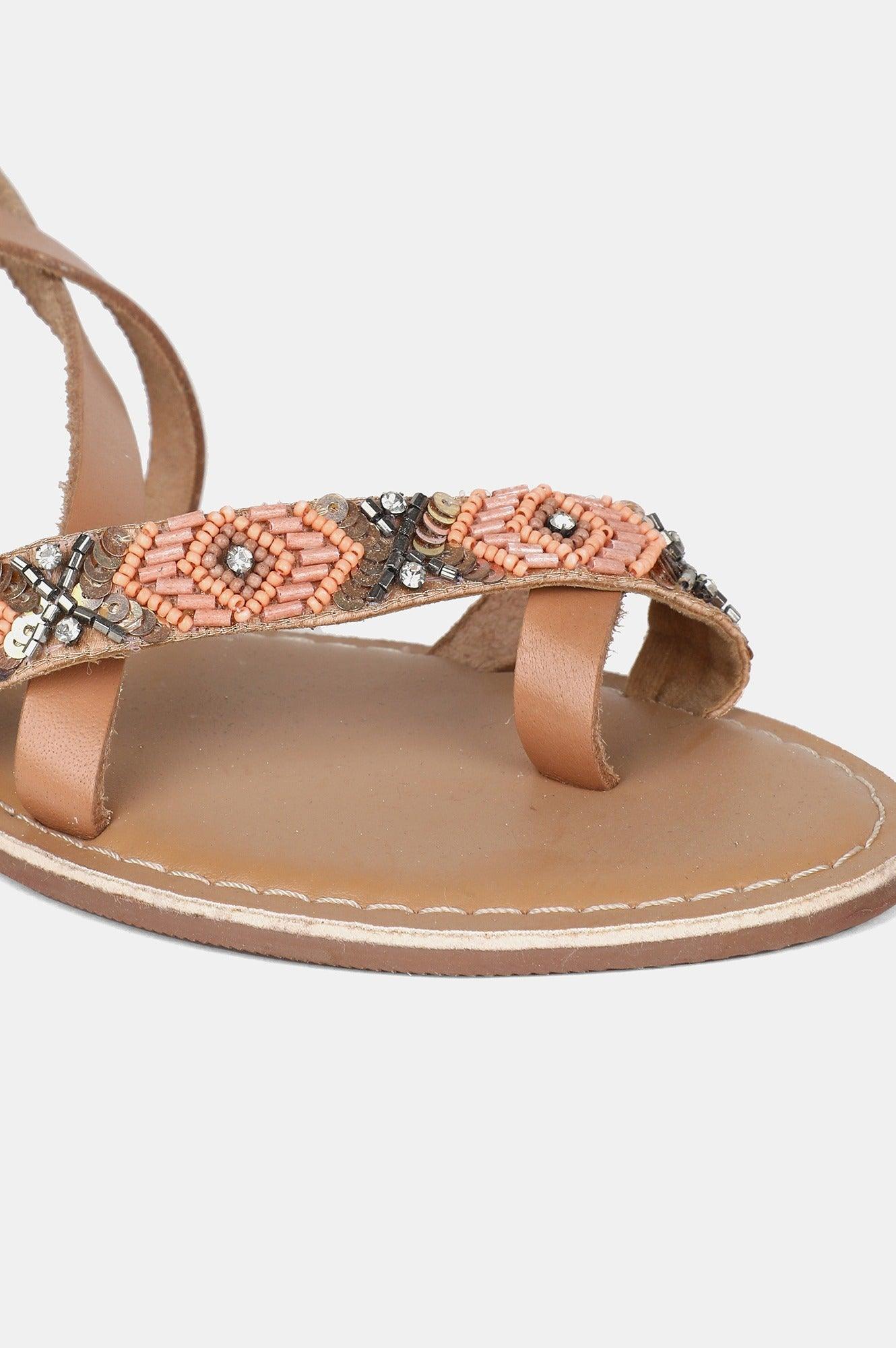 Peach Almond Toe Embroidered Flat - wforwoman