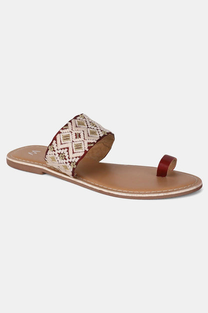 Maroon Almond toe Embroidered Flat - wforwoman