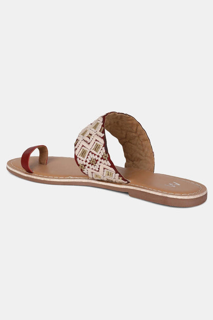 Maroon Almond toe Embroidered Flat - wforwoman