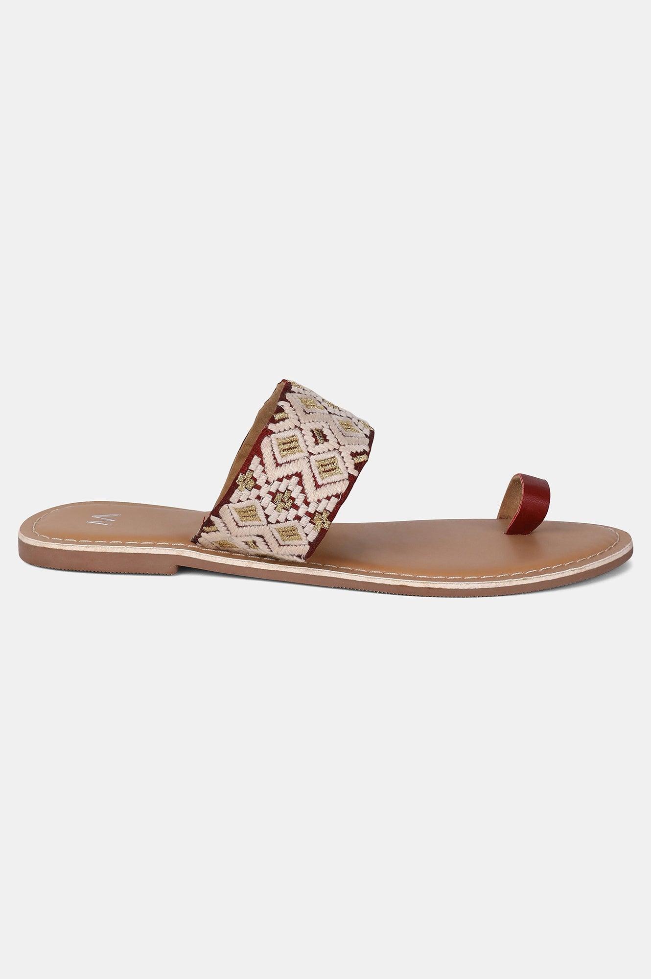 Maroon Almond toe Embroidered Flat - wforwoman