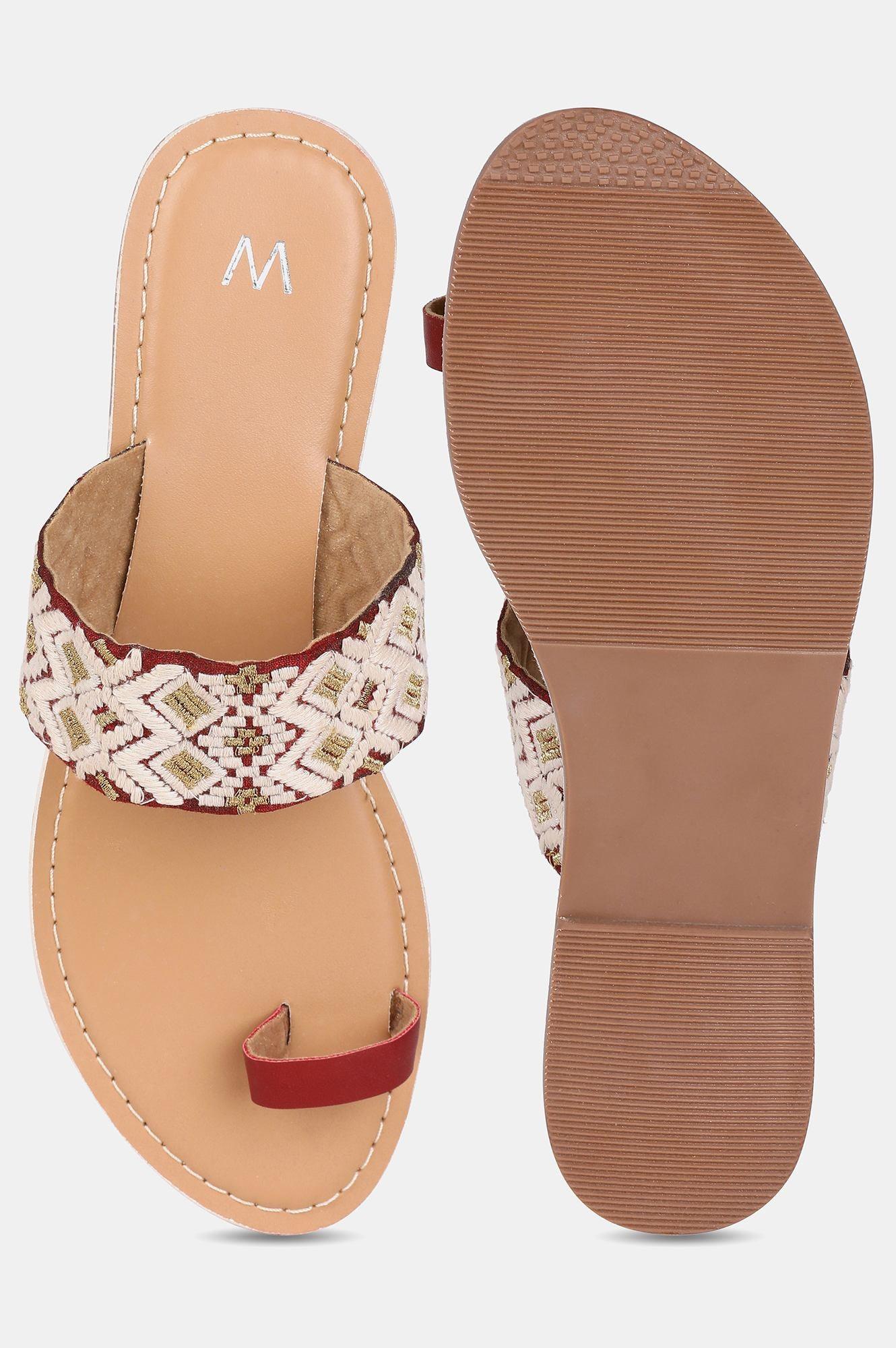 Maroon Almond toe Embroidered Flat - wforwoman