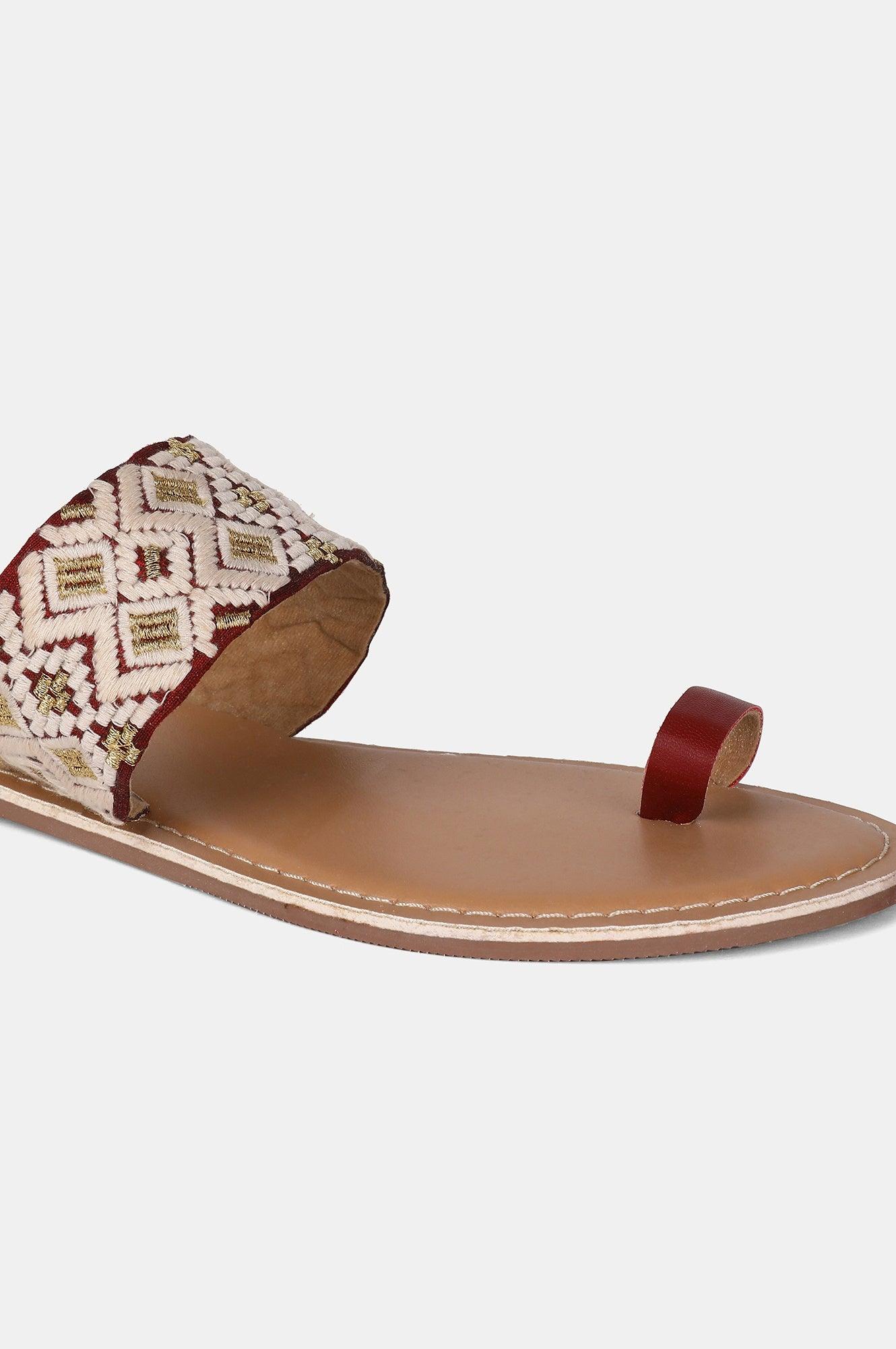 Maroon Almond toe Embroidered Flat - wforwoman