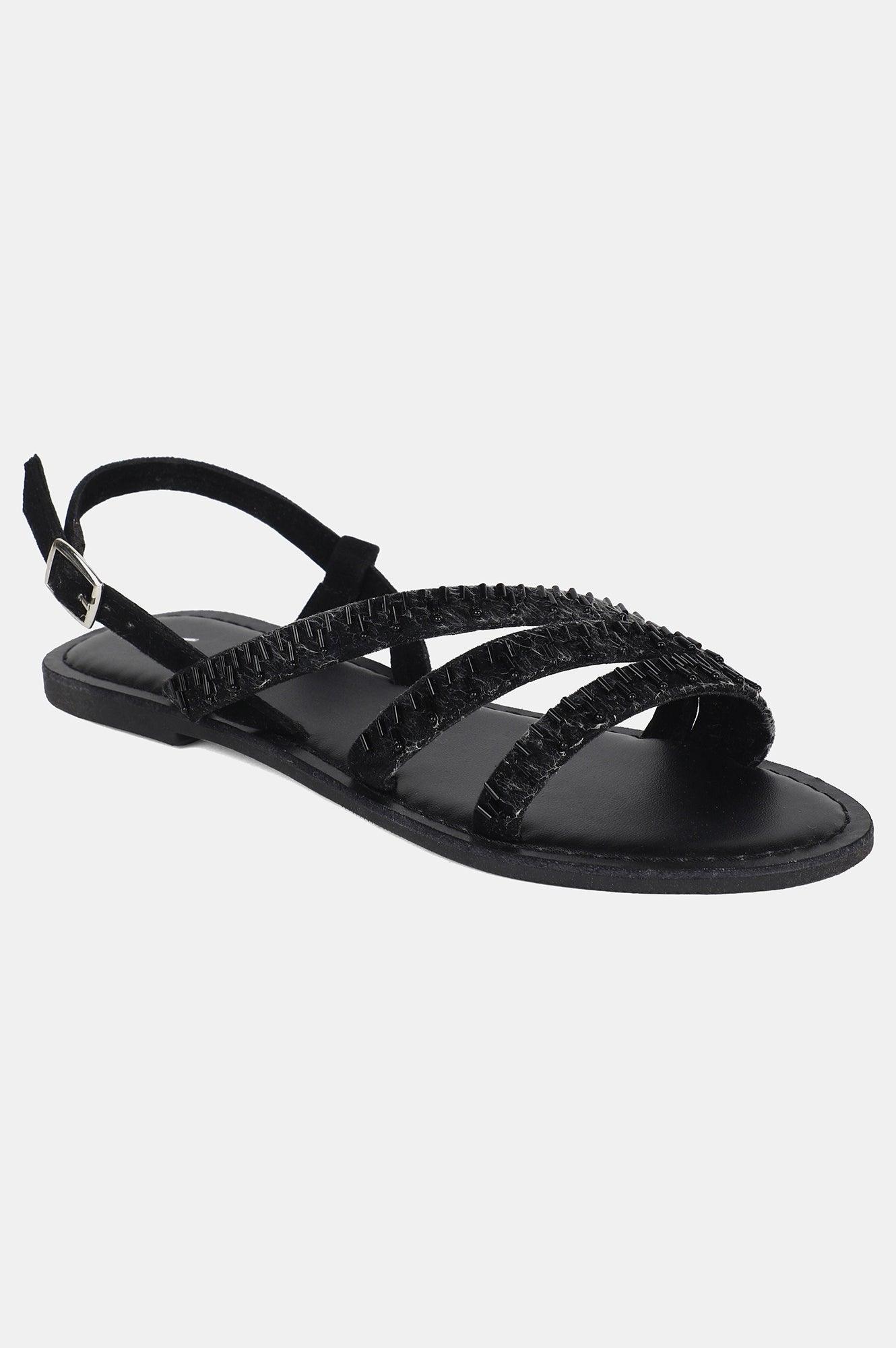 Black Almond Toe Embellished Flat - wforwoman