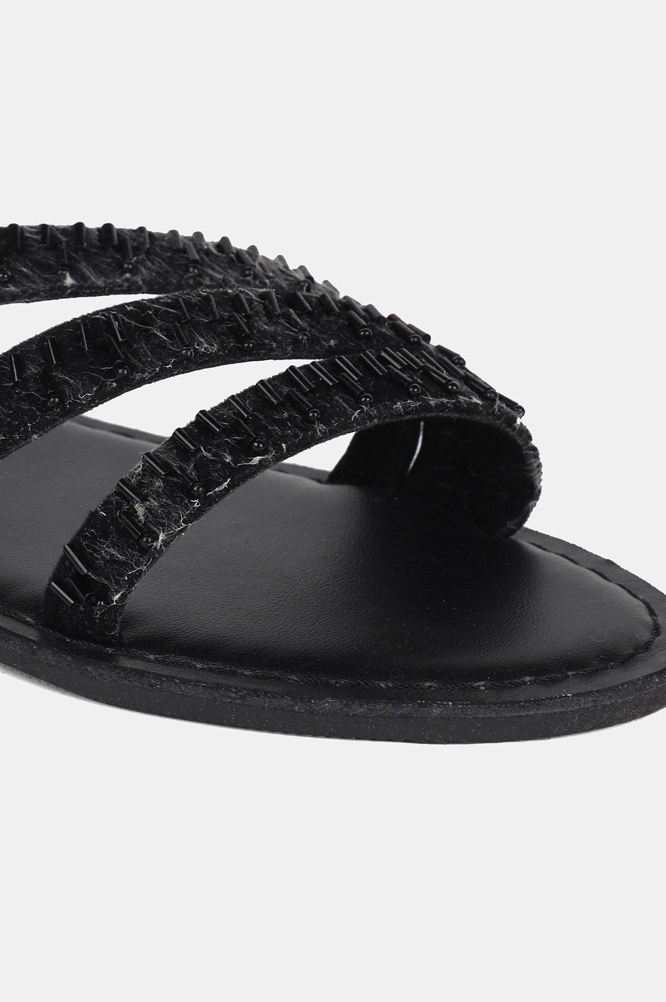 Black Almond Toe Embellished Flat - wforwoman