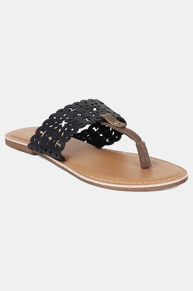 Black Almond Toe Laser Cut Flat - wforwoman