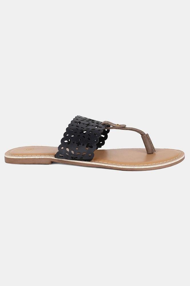 Black Almond Toe Laser Cut Flat - wforwoman