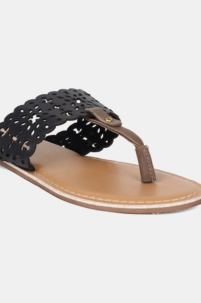 Black Almond Toe Laser Cut Flat - wforwoman