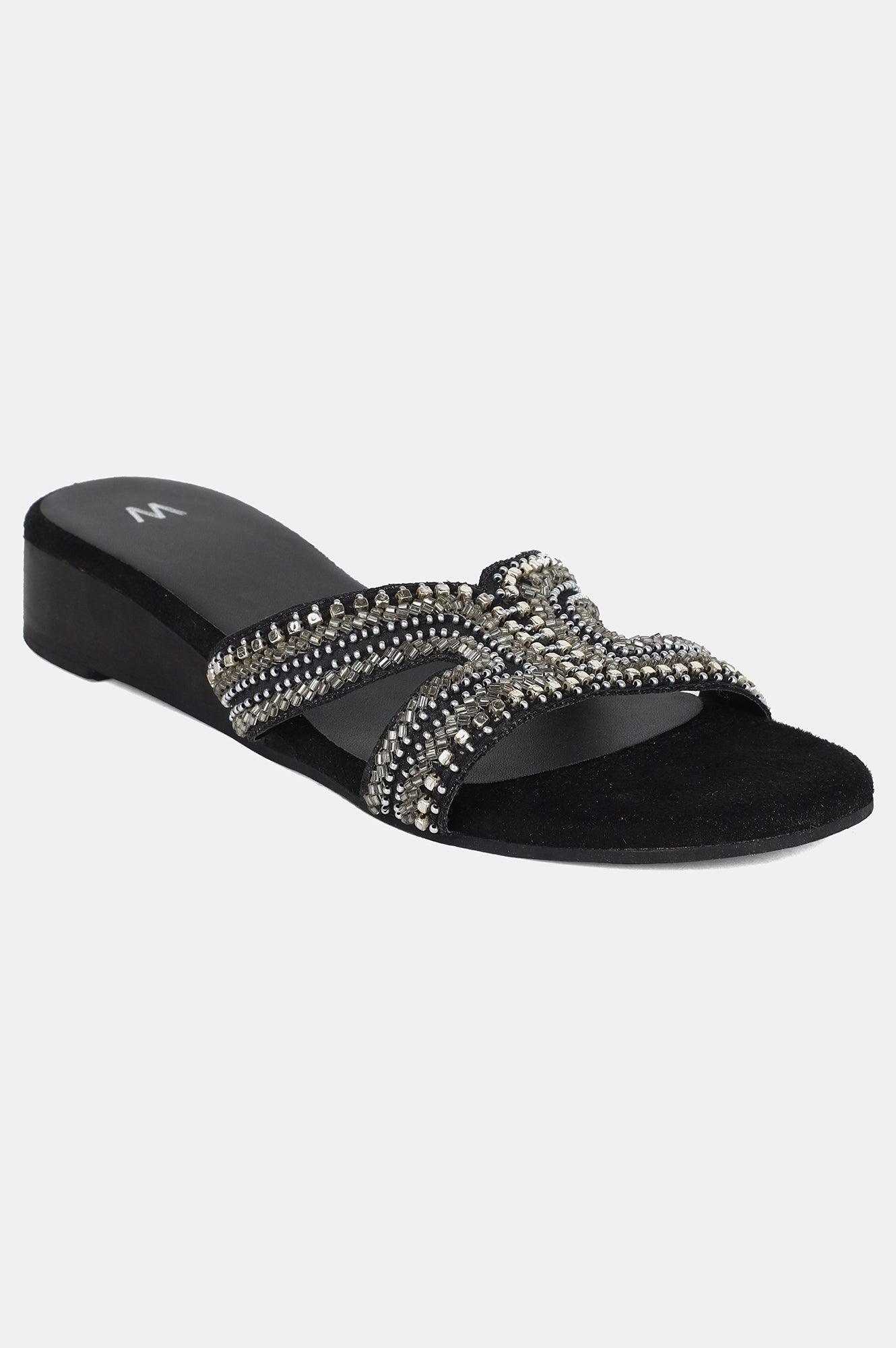 Black Square Toe Embellished Wedge - wforwoman