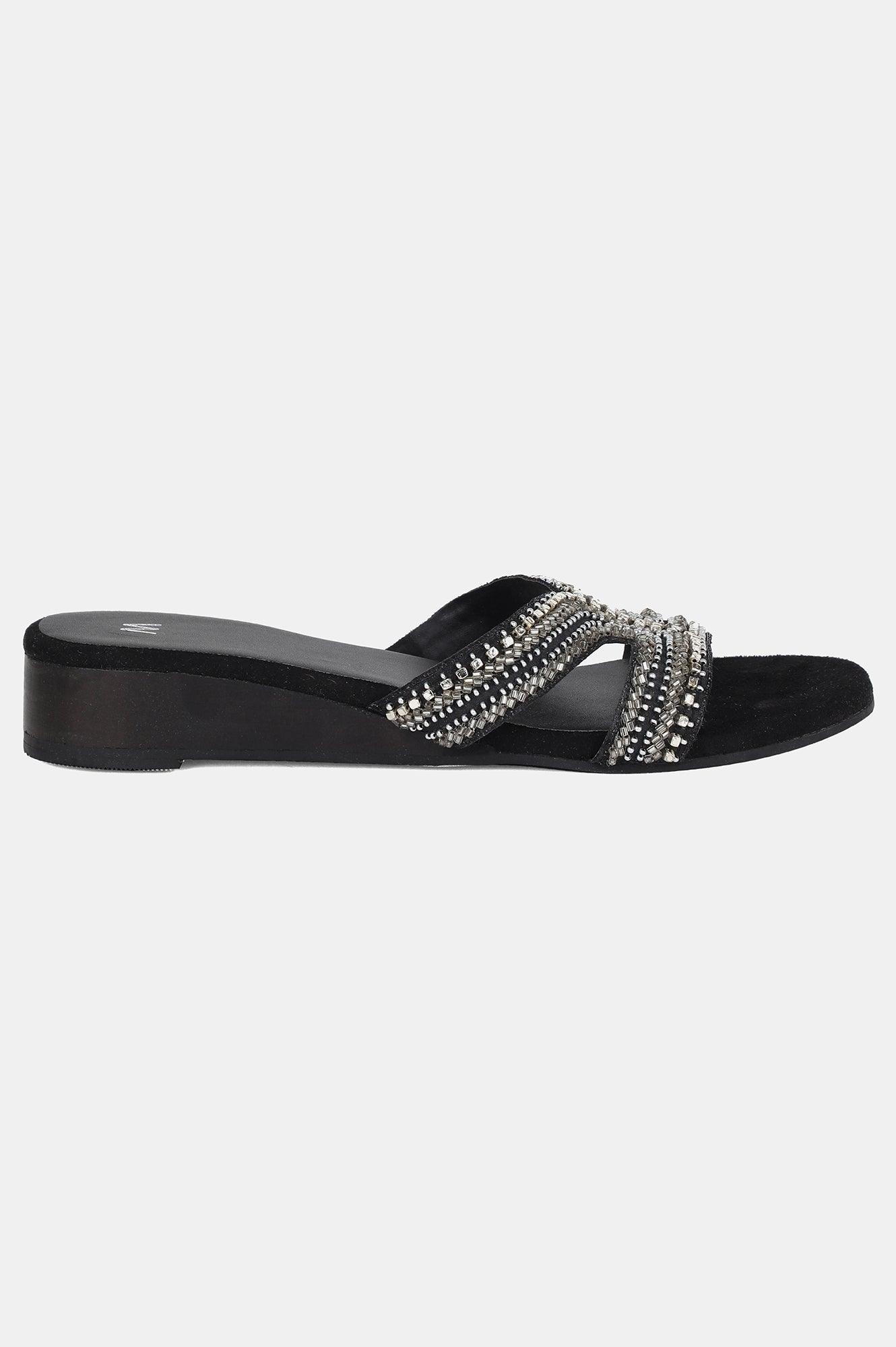 Black Square Toe Embellished Wedge - wforwoman