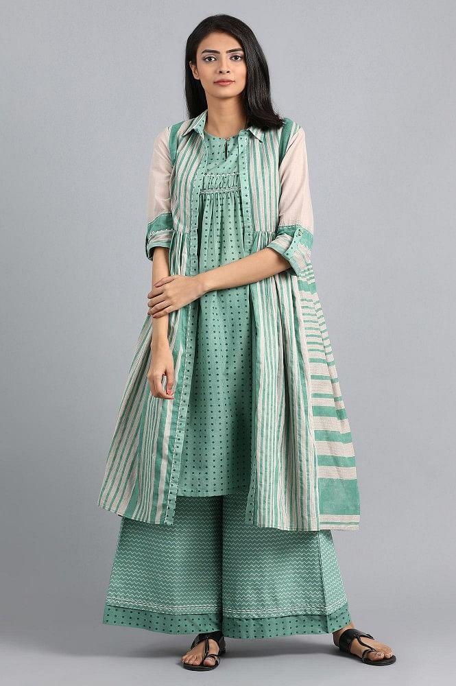 Green Collar Neck Printed kurta Set - wforwoman