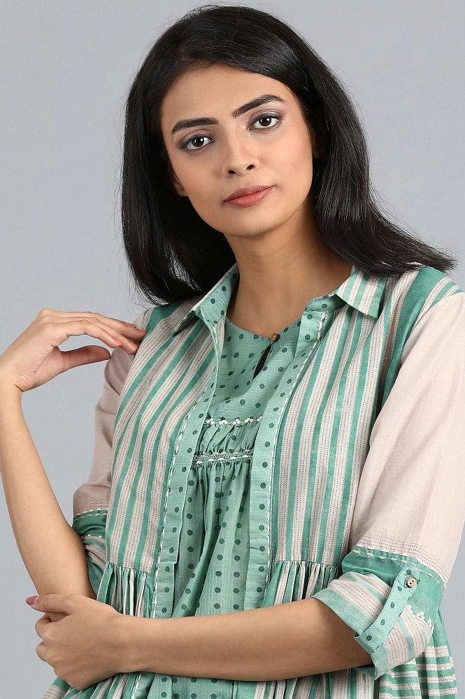 Green Collar Neck Printed kurta Set - wforwoman