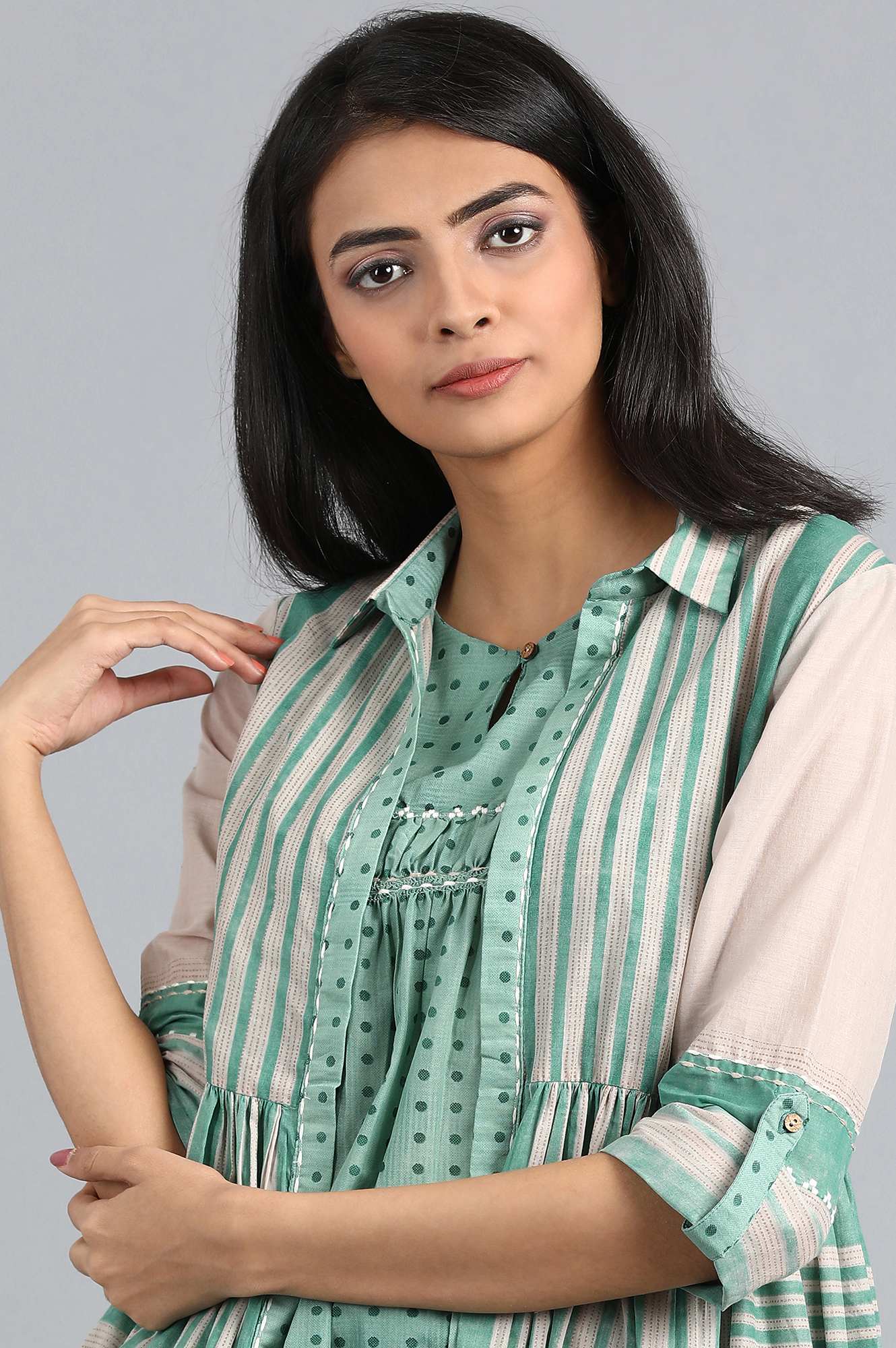 Green Collar Neck Printed kurta Set