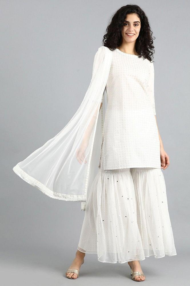 White Round Neck kurta Set - wforwoman