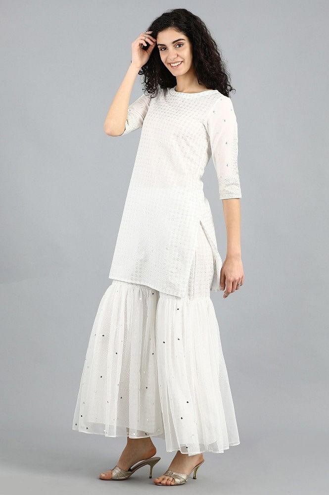 White Round Neck kurta Set - wforwoman