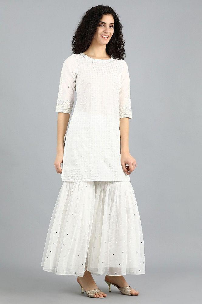 White Round Neck kurta Set - wforwoman