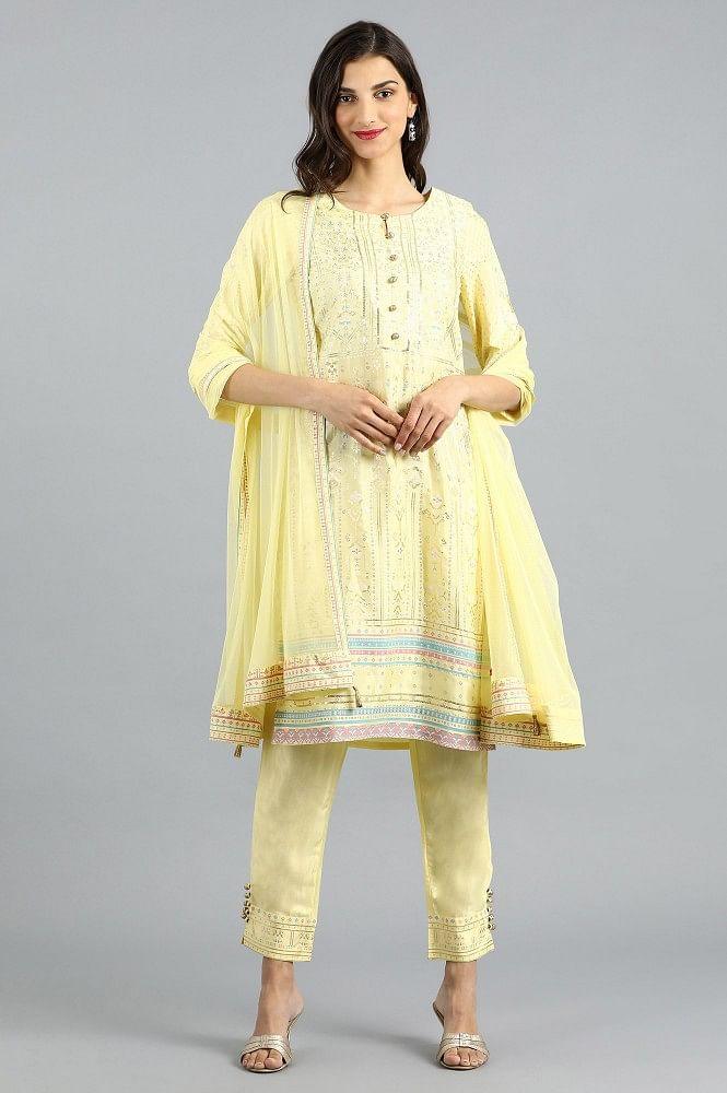 Yellow Round Neck Printed kurta Set - wforwoman