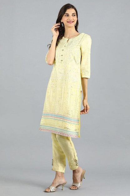 Yellow Round Neck Printed kurta Set - wforwoman