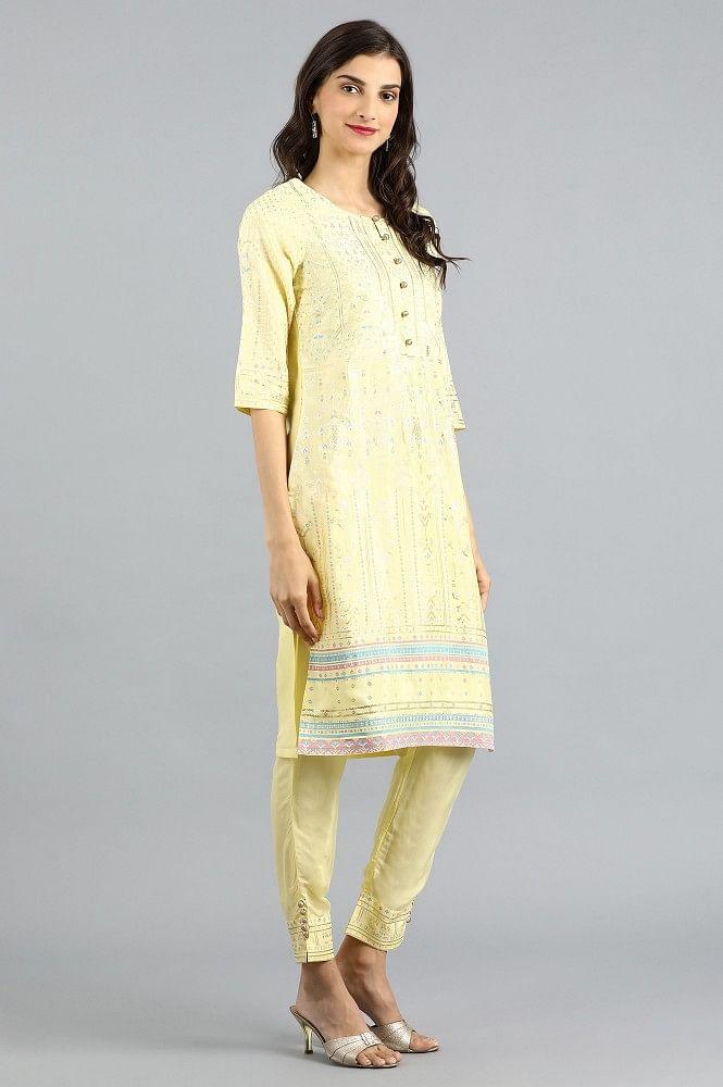 Yellow Round Neck Printed kurta Set - wforwoman