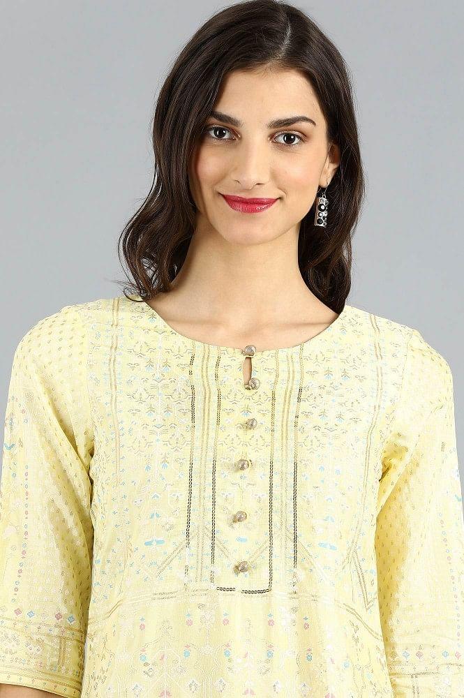 Yellow Round Neck Printed kurta Set - wforwoman