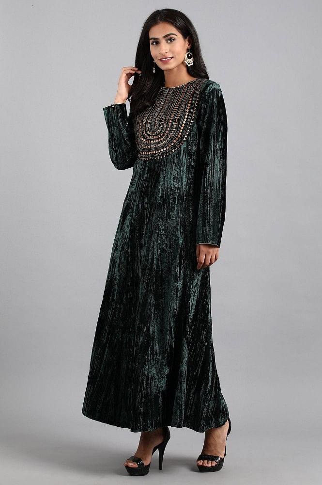 Green Round Neck Winter kurta - wforwoman