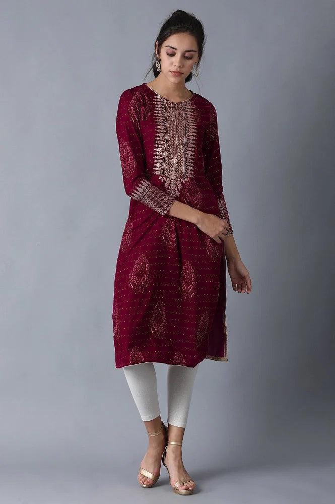 Wine Round Neck Velvet Winter kurta - wforwoman