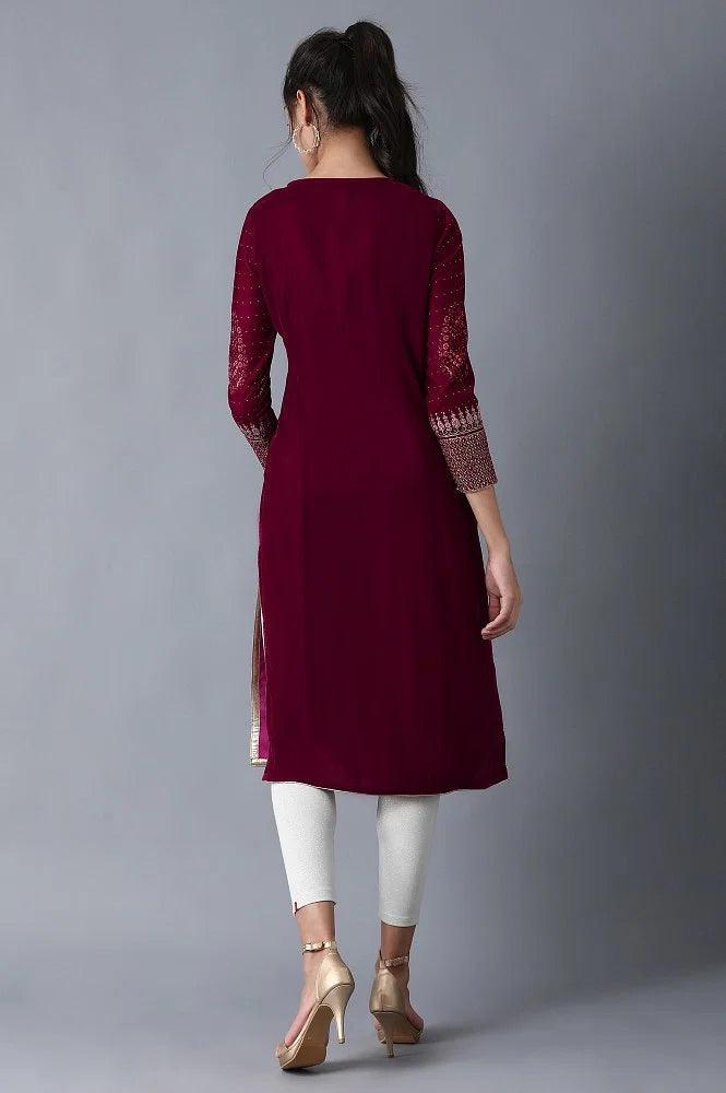 Wine Round Neck Velvet Winter kurta - wforwoman