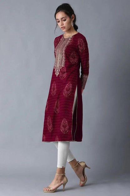 Wine Round Neck Velvet Winter kurta - wforwoman