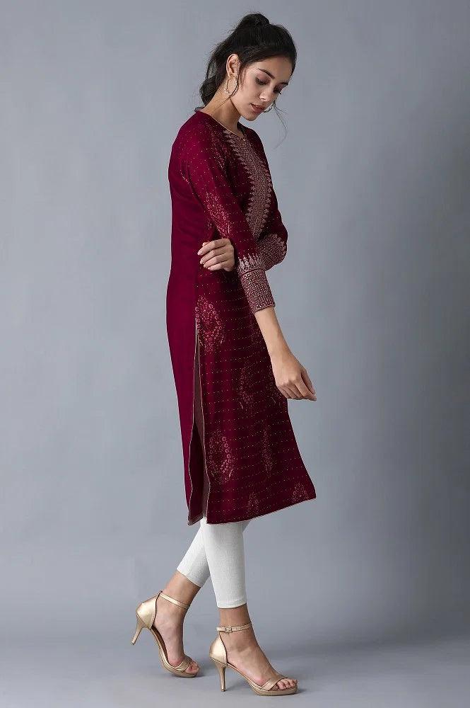 Wine Round Neck Velvet Winter kurta - wforwoman