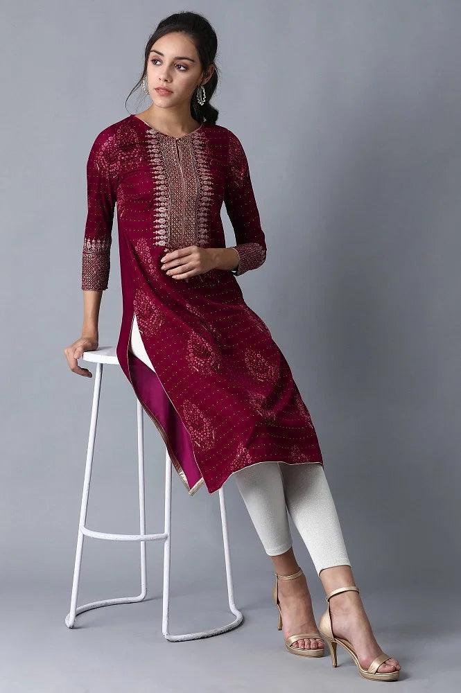 Wine Round Neck Velvet Winter kurta - wforwoman