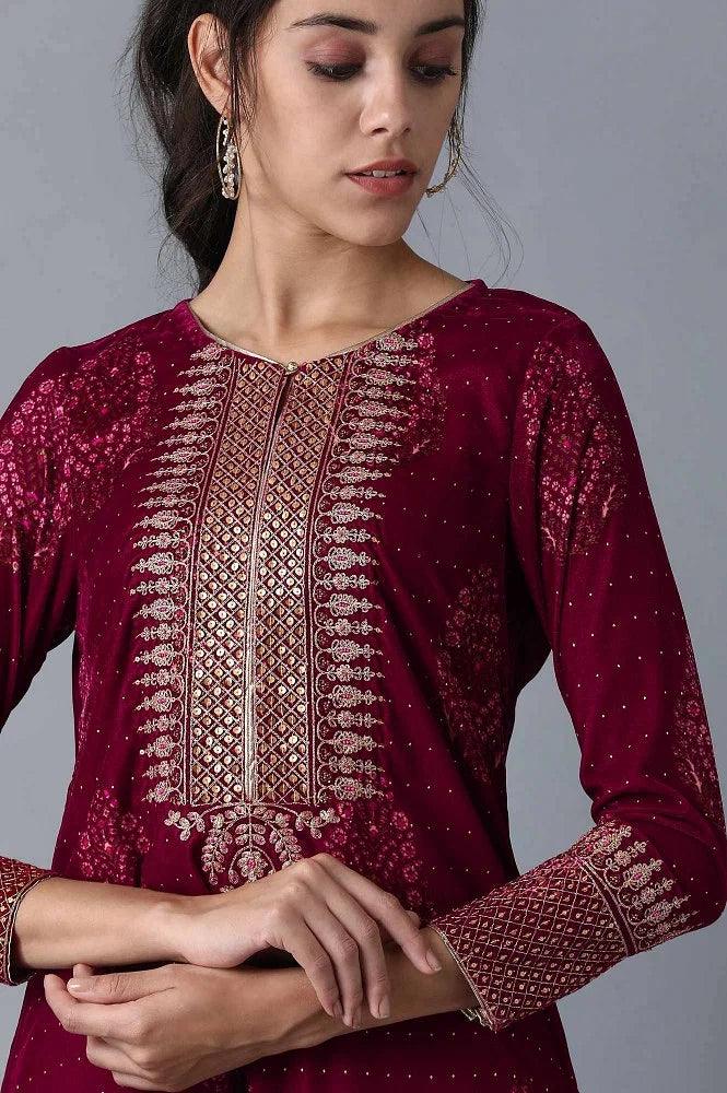 Wine Round Neck Velvet Winter kurta - wforwoman