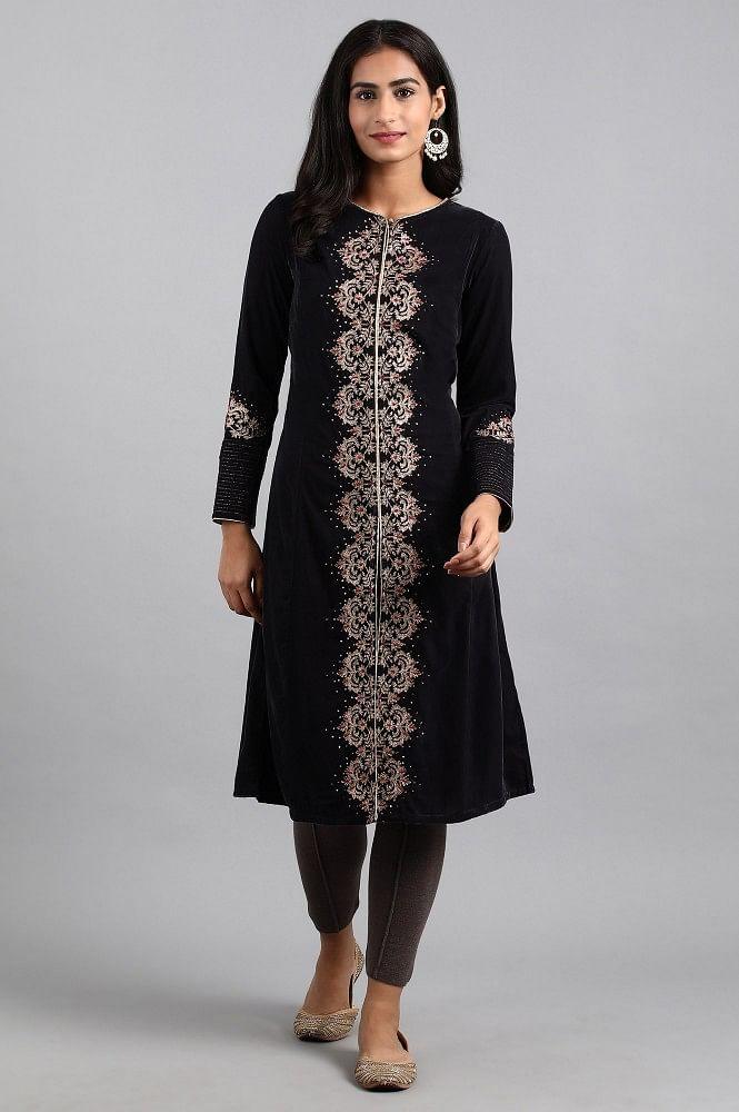 Dark Grey Round Neck Velvet Winter kurta - wforwoman