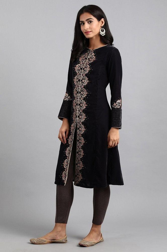 Dark Grey Round Neck Velvet Winter kurta - wforwoman