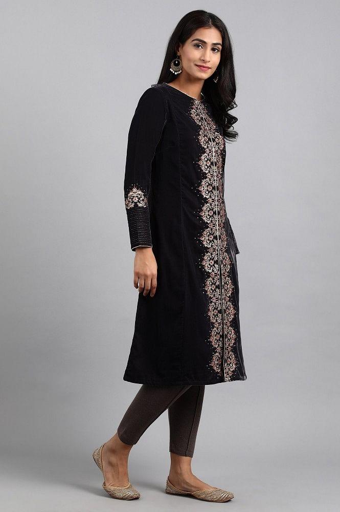 Dark Grey Round Neck Velvet Winter kurta - wforwoman