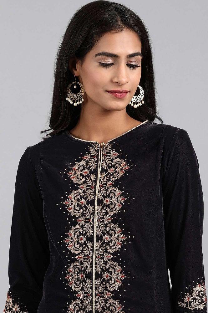 Dark Grey Round Neck Velvet Winter kurta - wforwoman