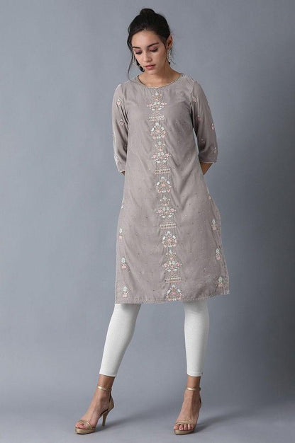 Grey Round Neck Velvet Winter kurta - wforwoman