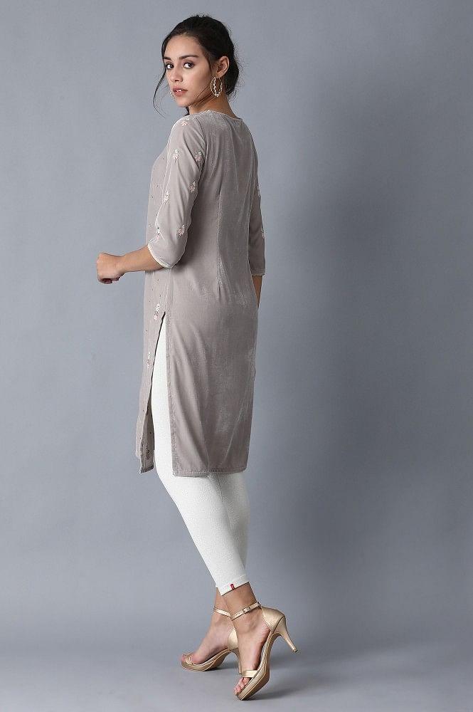 Grey Round Neck Velvet Winter kurta - wforwoman