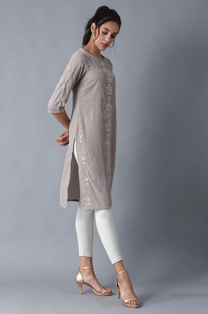 Grey Round Neck Velvet Winter kurta - wforwoman