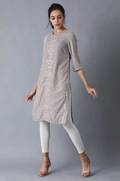 Grey Round Neck Velvet Winter kurta - wforwoman