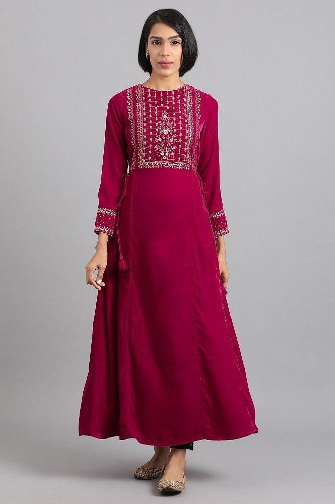 Pink Flared Velvet Winter kurta - wforwoman