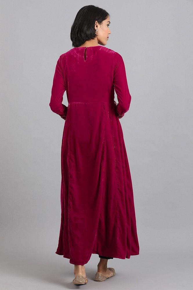 Pink Flared Velvet Winter kurta - wforwoman