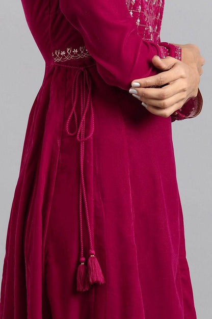 Pink Flared Velvet Winter kurta - wforwoman