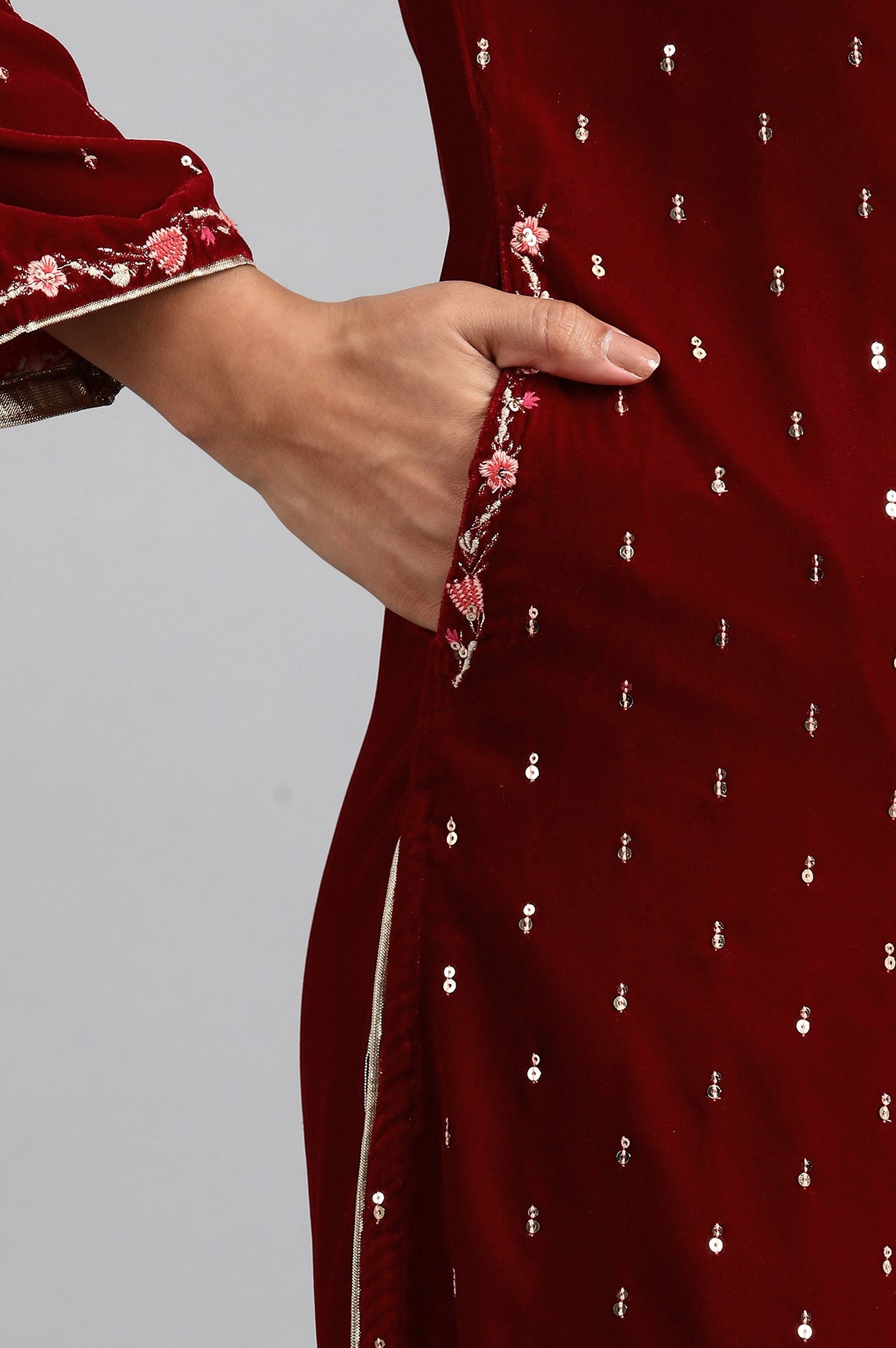 Red Round Neck Velvet Winter kurta