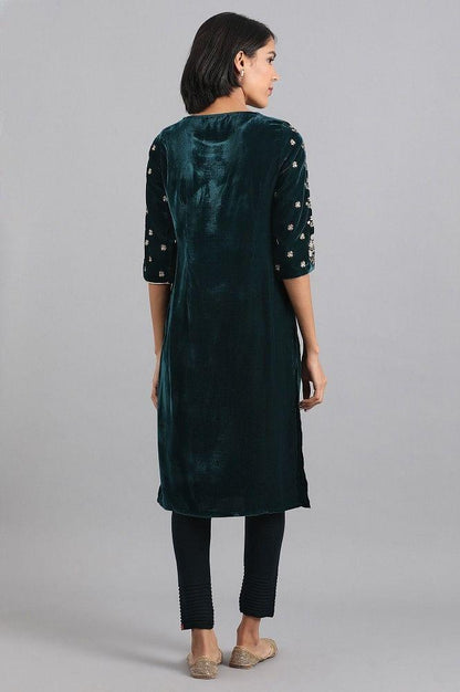 Teal Embroidered Winter kurta - wforwoman