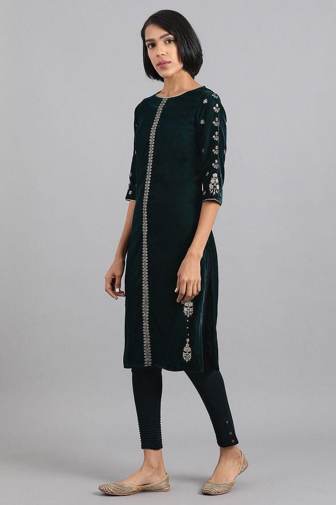 Teal Embroidered Winter kurta - wforwoman