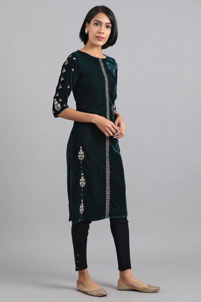 Teal Embroidered Winter kurta - wforwoman