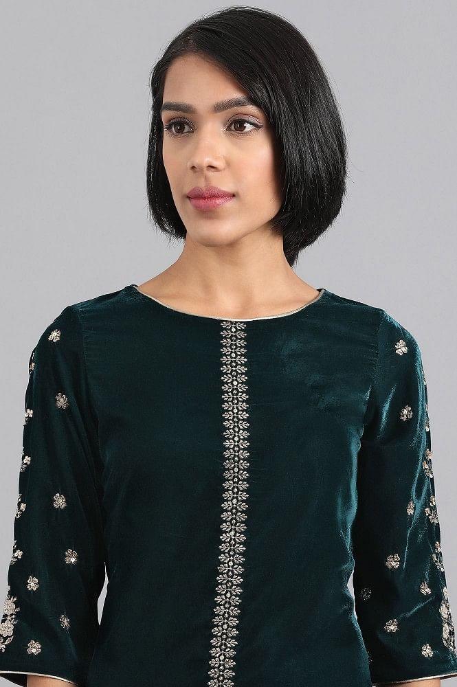 Teal Embroidered Winter kurta - wforwoman